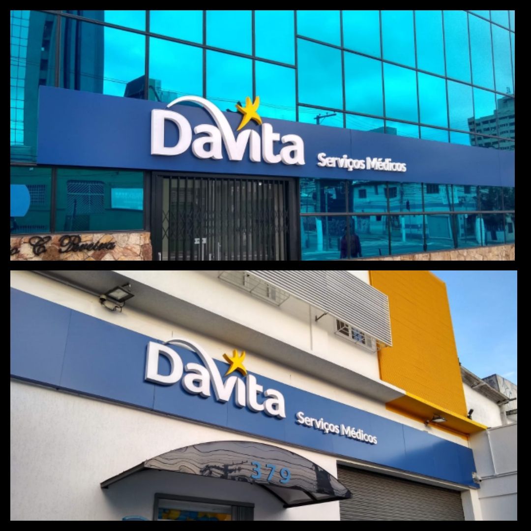 Composição de duas instalações da letra caixa DaVita Serviços Médicos em duas unidades médicas distintas